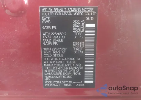 2015 Nissan Rogue Sv из США, поврежденный, VIN KNMAT2MV8FP574519